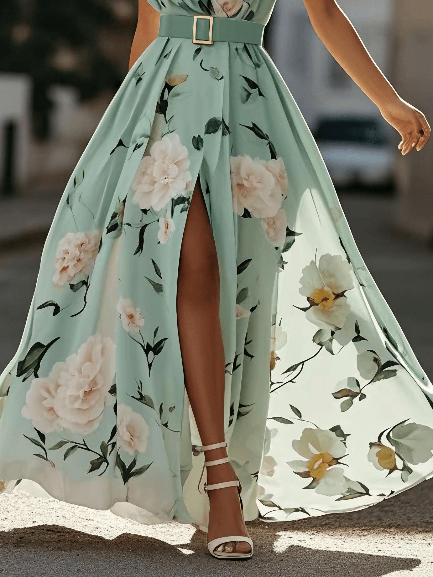 Light Green Floral Ruched One Shoulder Maxi Dress