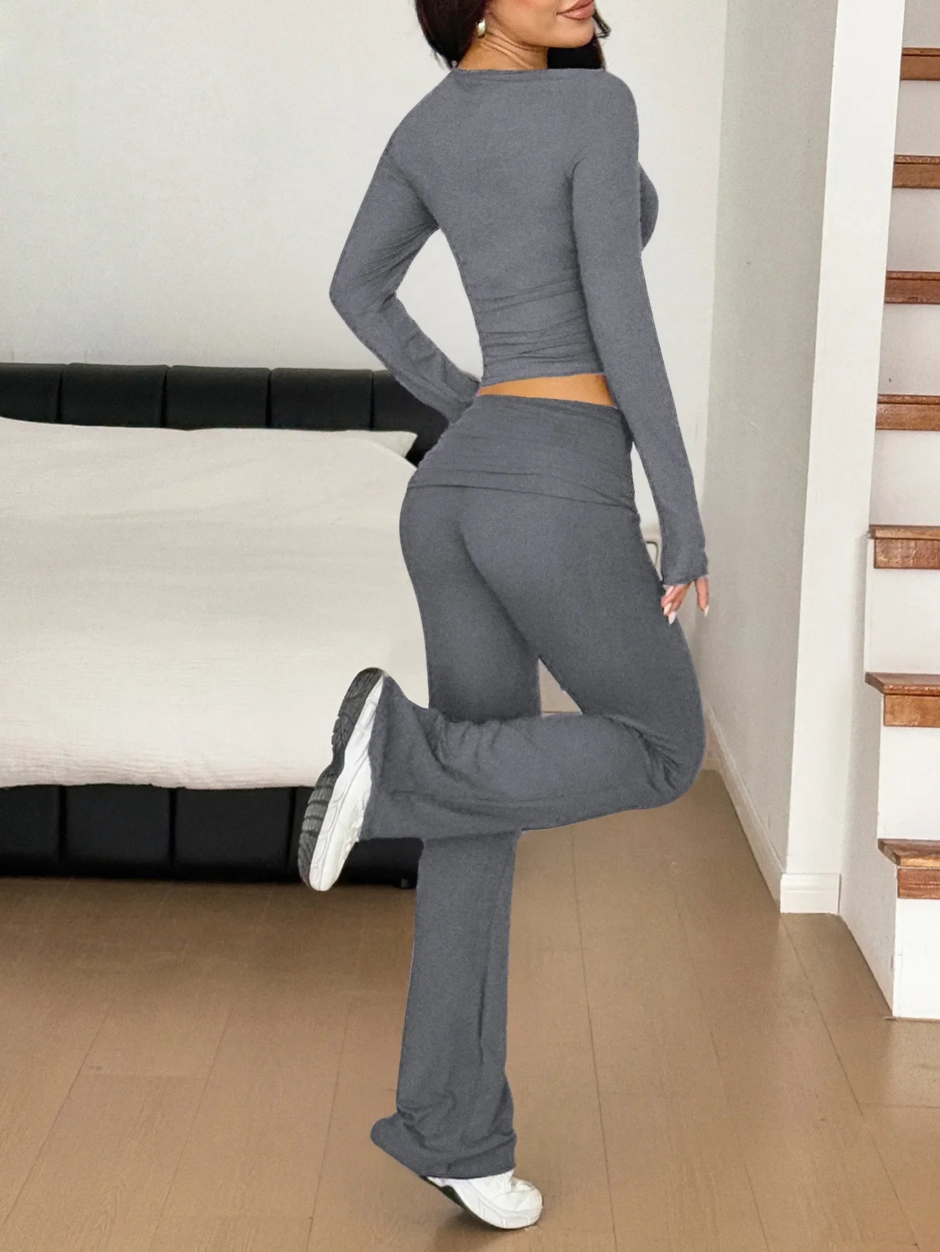 Long Sleeve Crop Top and Bootcut Pants Set