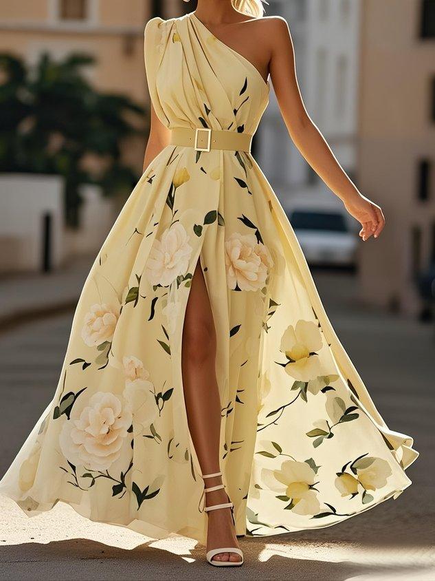 Light Green Floral Ruched One Shoulder Maxi Dress