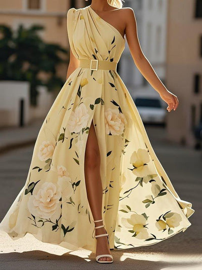 Light Green Floral Ruched One Shoulder Maxi Dress