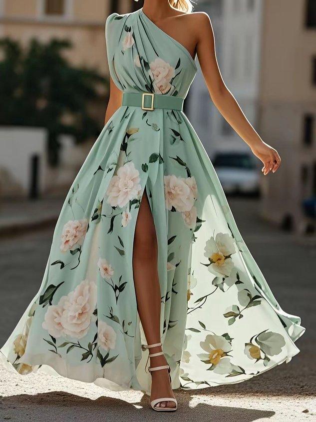 Light Green Floral Ruched One Shoulder Maxi Dress