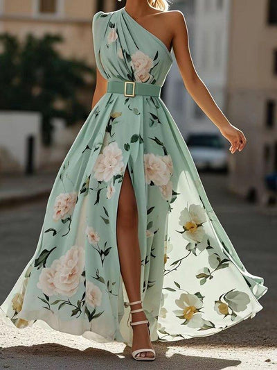Light Green Floral Ruched One Shoulder Maxi Dress