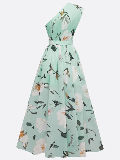 Light Green Floral Ruched One Shoulder Maxi Dress