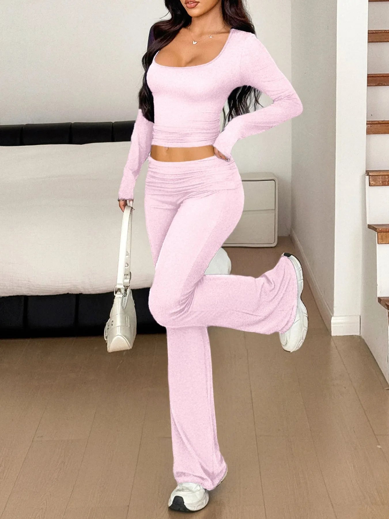 Long Sleeve Crop Top and Bootcut Pants Set