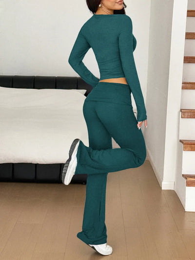 Long Sleeve Crop Top and Bootcut Pants Set