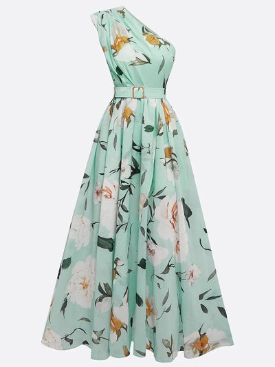 Light Green Floral Ruched One Shoulder Maxi Dress