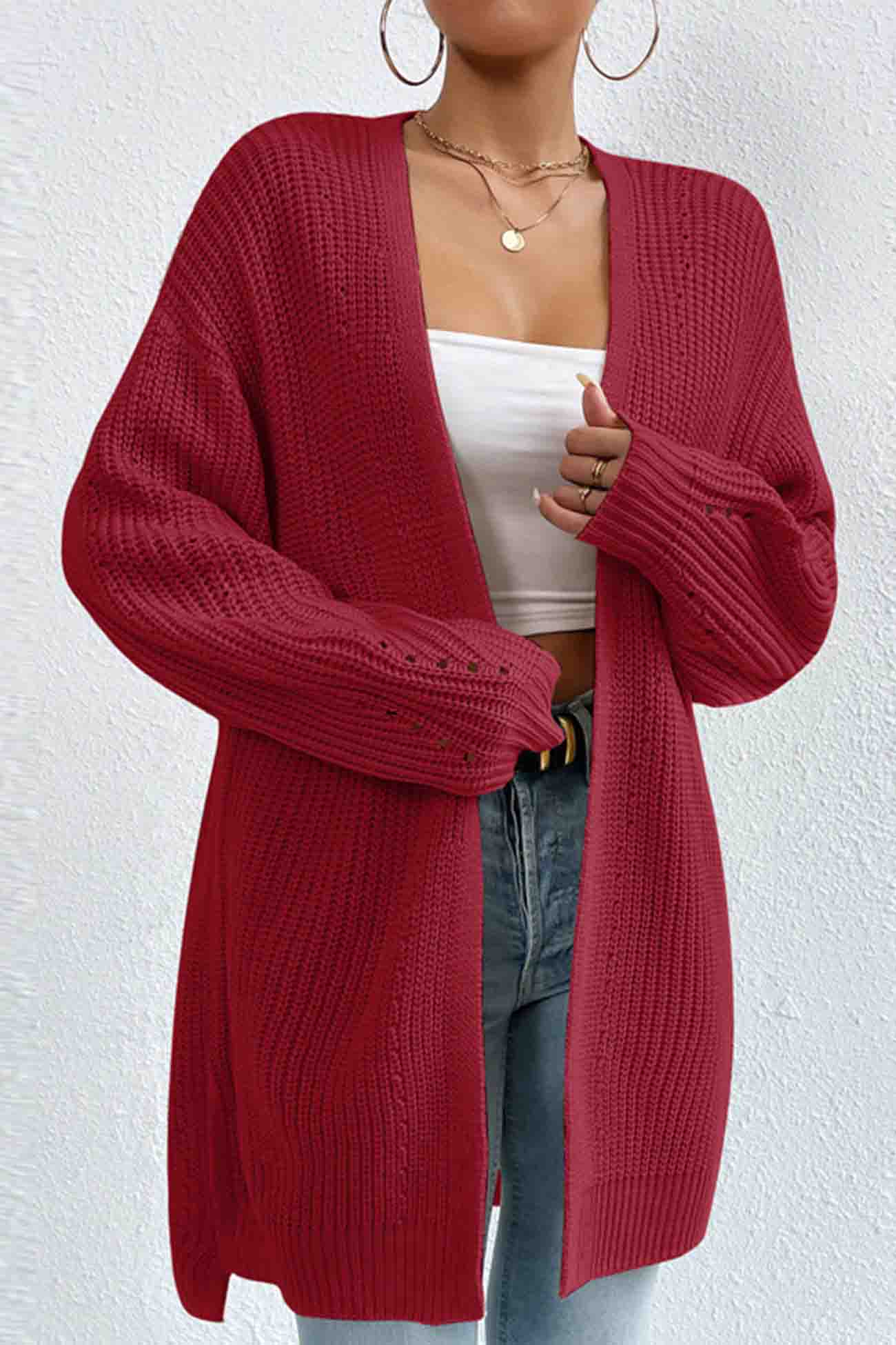 Solid Open Front Mid Length Cardigan